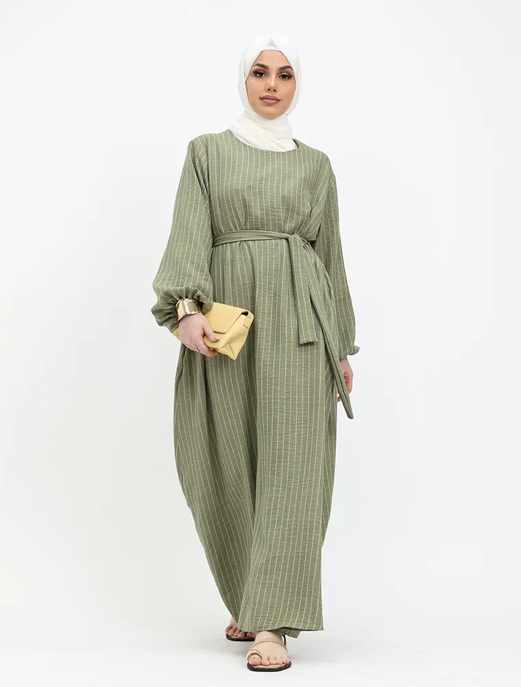 Khaki Stripe Linen Feel Essential Abaya